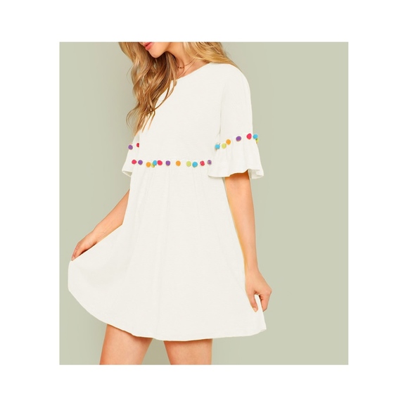 White Pom Pom Short Sleeve Casual Shift Sundress - Picture 2 of 6